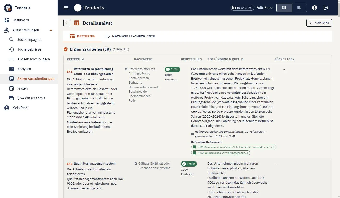 Tabelle der Eignungskriterien: je Kriterium die verlangten Nachweise, die Beurteilung mit Konfidenz, die Begründung mit Fundstelle im Dokument und die gefundenen Referenzprojekte.